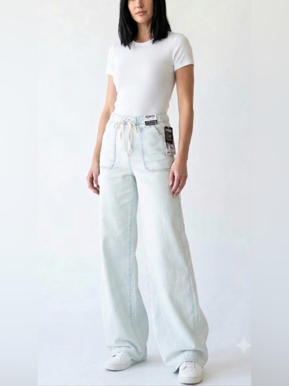 Rewash Super High Rise Knit Denim Pants in Cream